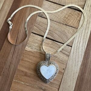 VTG Pendant Necklace 19 Inch Heart Love MOP Marcasite Italy 925 Sterling 19.9g